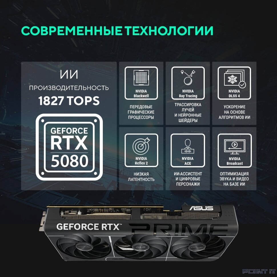 Видеокарта ASUS GeForce RTX 5080 PRIME OC Edition 16Gb DDR7 256 bit 3*DP/HDMI 3FAN (PRIME-RTX5080-O16G) RTL