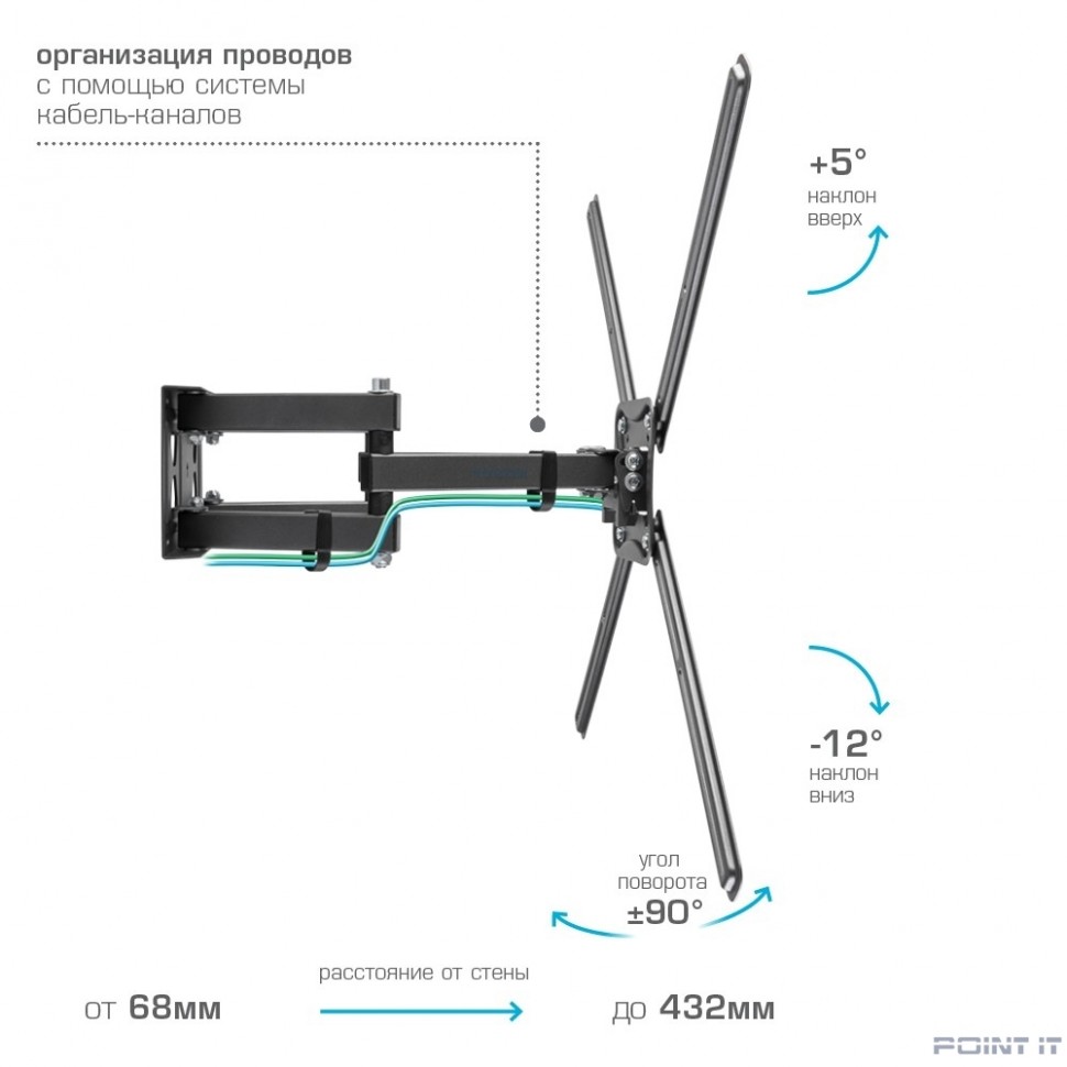 Kromax CORBEL-9 grey titan { 32"-75"; Максимальная нагрузка: 50 кг; VESA: 200x200, 200х300, 200х400, 300х200, 300х300, 300х400, 400х200, 400х300, 400х400, 600х400 мм; Наклон: +5°-12°Поворот: ±90°}