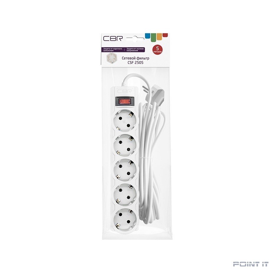 CBR Сетевой фильтр CSF 2505-5.0 White PC, 5 евророзеток, длина кабеля 5 метров, цвет белый (пакет)