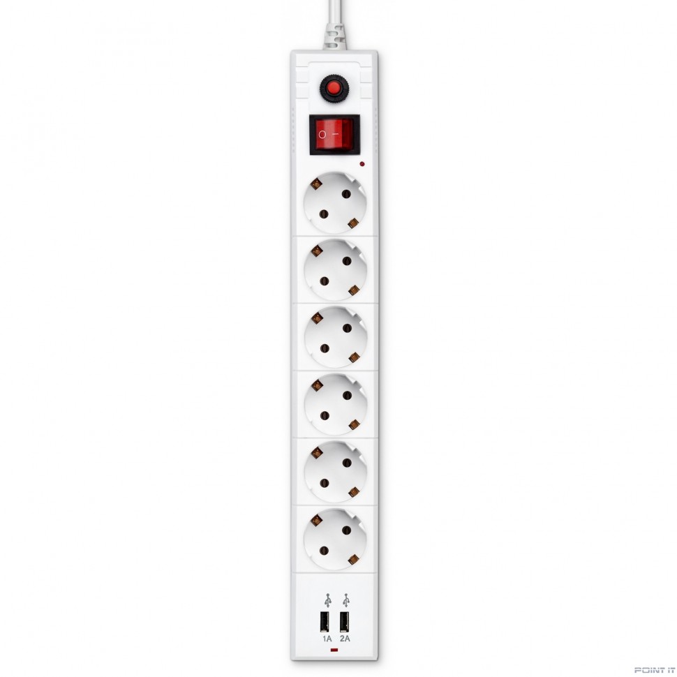 BURO Сетевой фильтр, 6 розеток, 1.8 метра, (BU-SP1.8_USB_2A-W), белый (коробка) {992309}