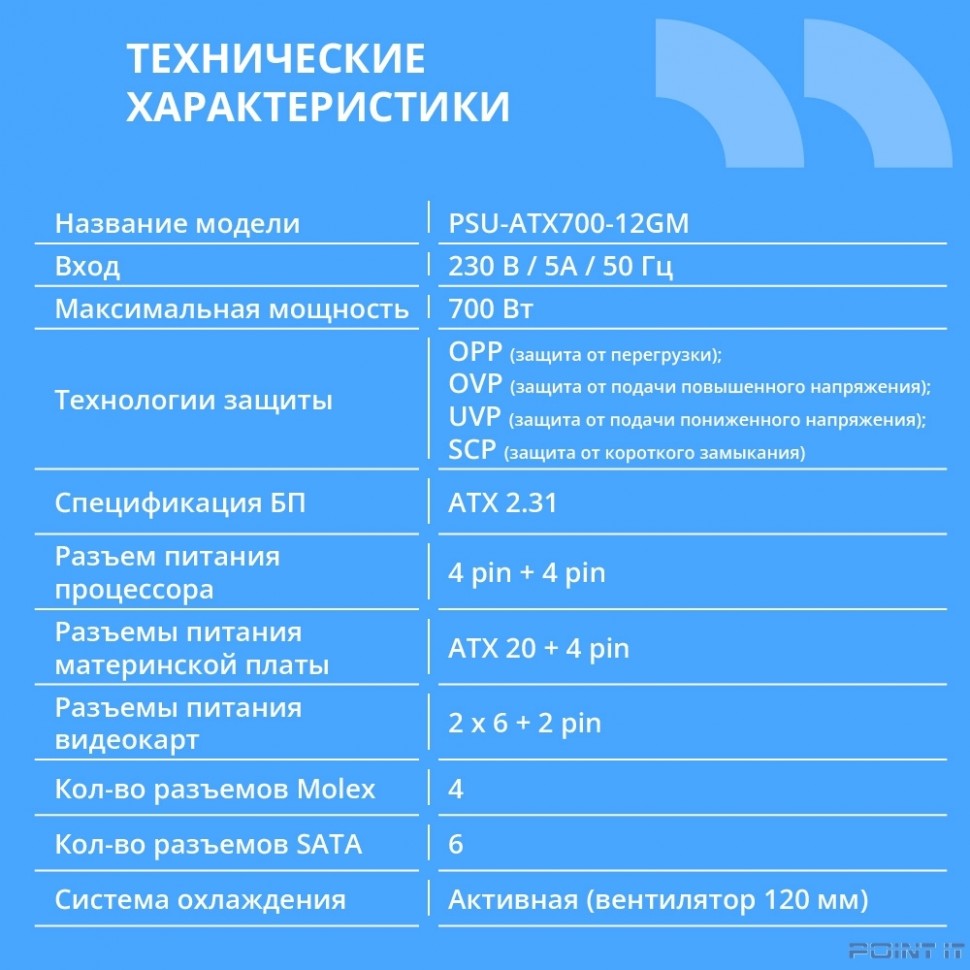 Блок питания CBR ATX 700W 80+ Bronze, DC-DC, APFC, 0.6mm, 20+4pin, 1*8-pin(4+4P), 2*6+2pin, 6*SATA, 4*IDE, 12cm fan, 1.5м кабель питания, черный [PSU-ATX700-12GM] BOX