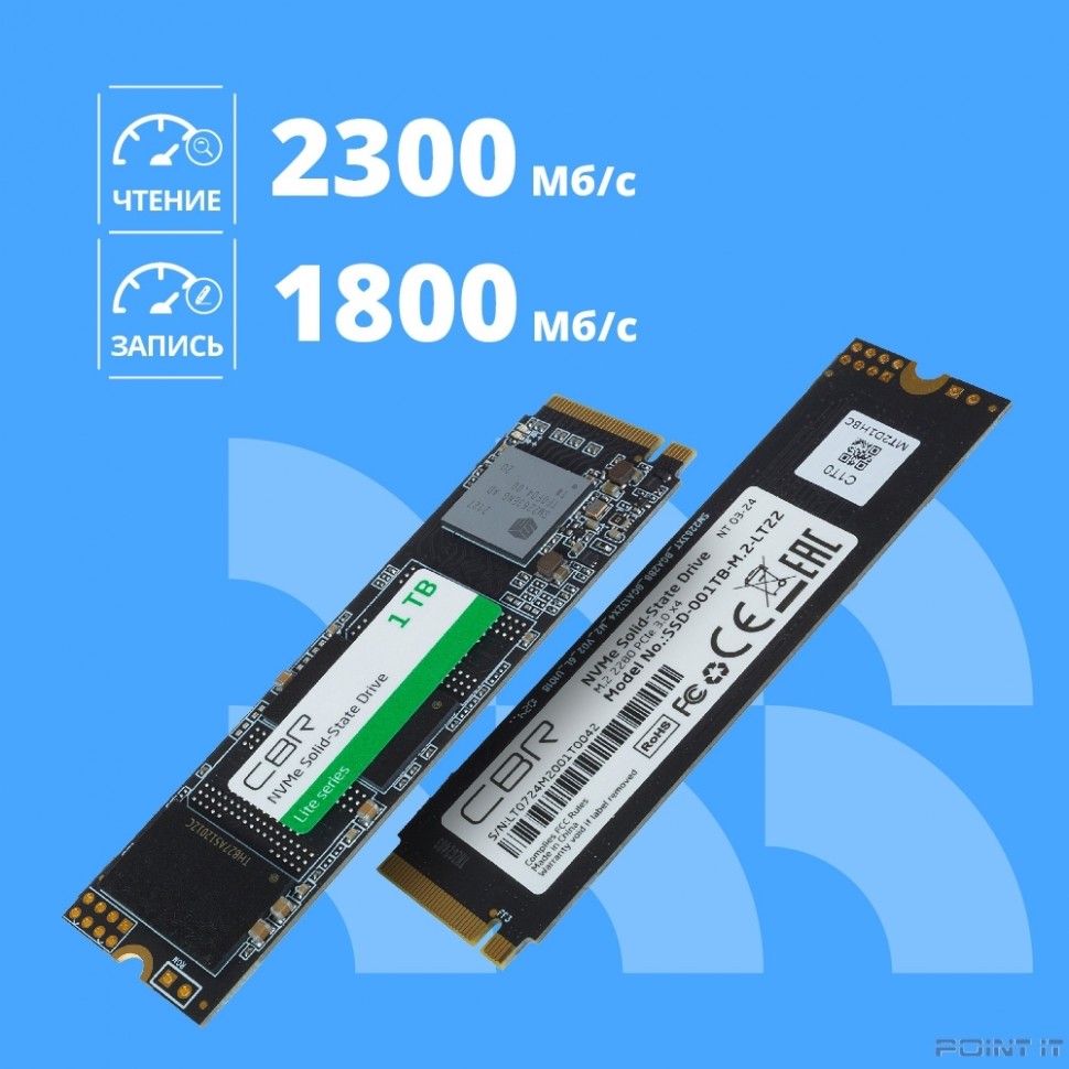 CBR SSD-001TB-M.2-LT22, Внутренний SSD-накопитель, серия "Lite", 1024 GB, M.2 2280, PCIe 3.0 x4, NVMe 1.3, SM2263XT, 3D TLC NAND, R/W speed up to 2300/1800 MB/s, TBW (TB) 500