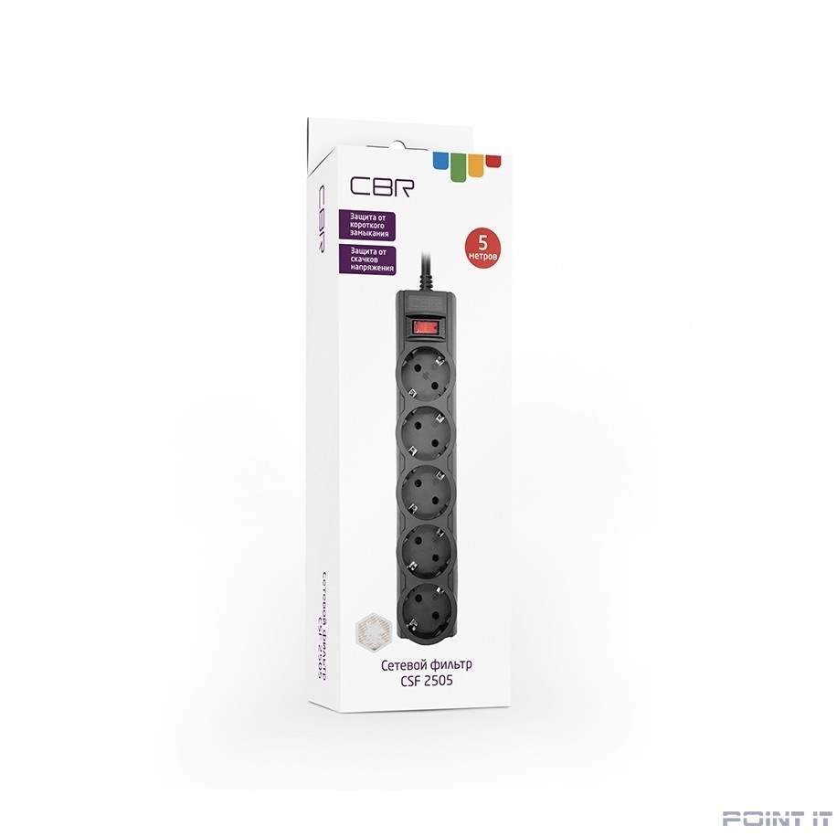 CBR Сетевой фильтр CSF 2505-5.0 Black CB, 5 евророзеток, длина кабеля 5 метров, цвет чёрный (коробка)